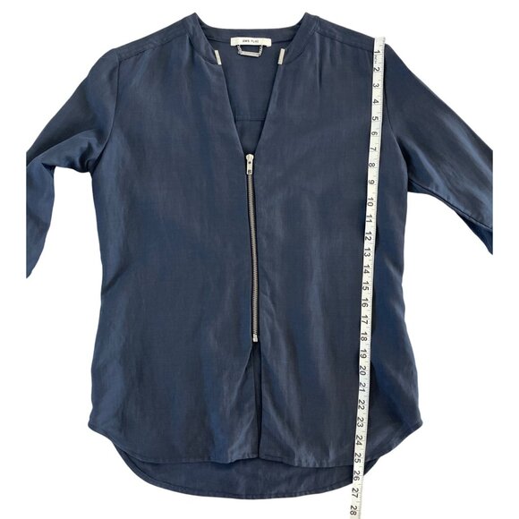 AMS Pure Blue Linen Silk Zipper Womens Top Roll Tab Sleeve US 6 Spain Minimalist - Picture 3 of 9